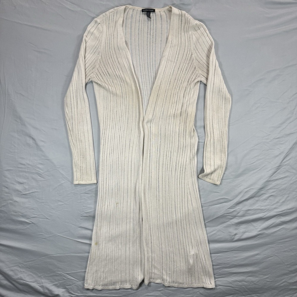 Eileen Fisher Bone Linear Long Open Duster Cardigan Sweater Women XXS Beige‎ USA